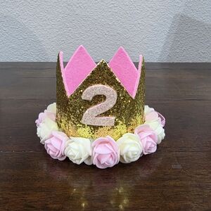 Gold and Pink Birthday Crown with Number 2